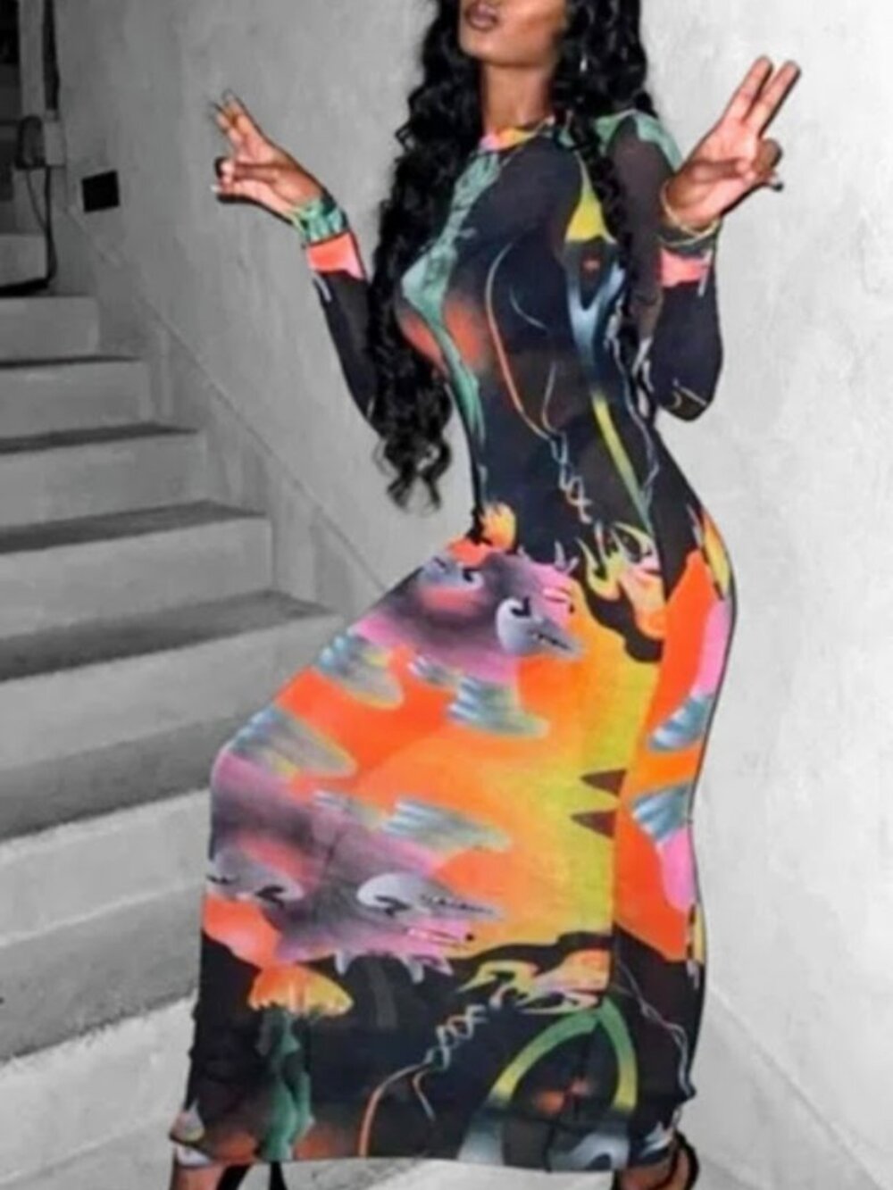 SKIMS Summer Mesh Long Sleeve Maxi Dress Obsidian Print Rare Sold Out size L